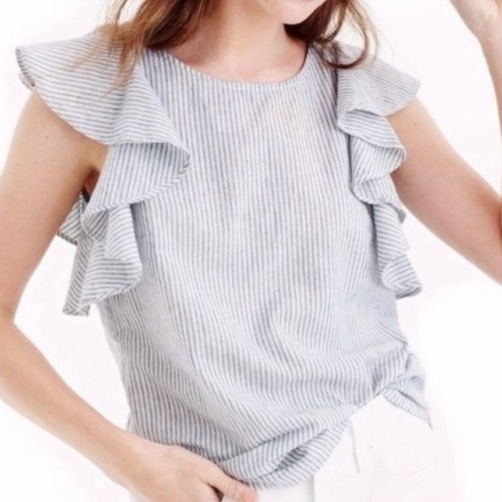J.Crew Women’s Ruffle Flounce Sleeve White & Blue Linen Stripe Top Blouse Size 0